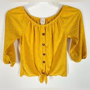 Heart & Arrow Girl’s Mustard Yellow Eyelet Faux Button-Down Top | 14